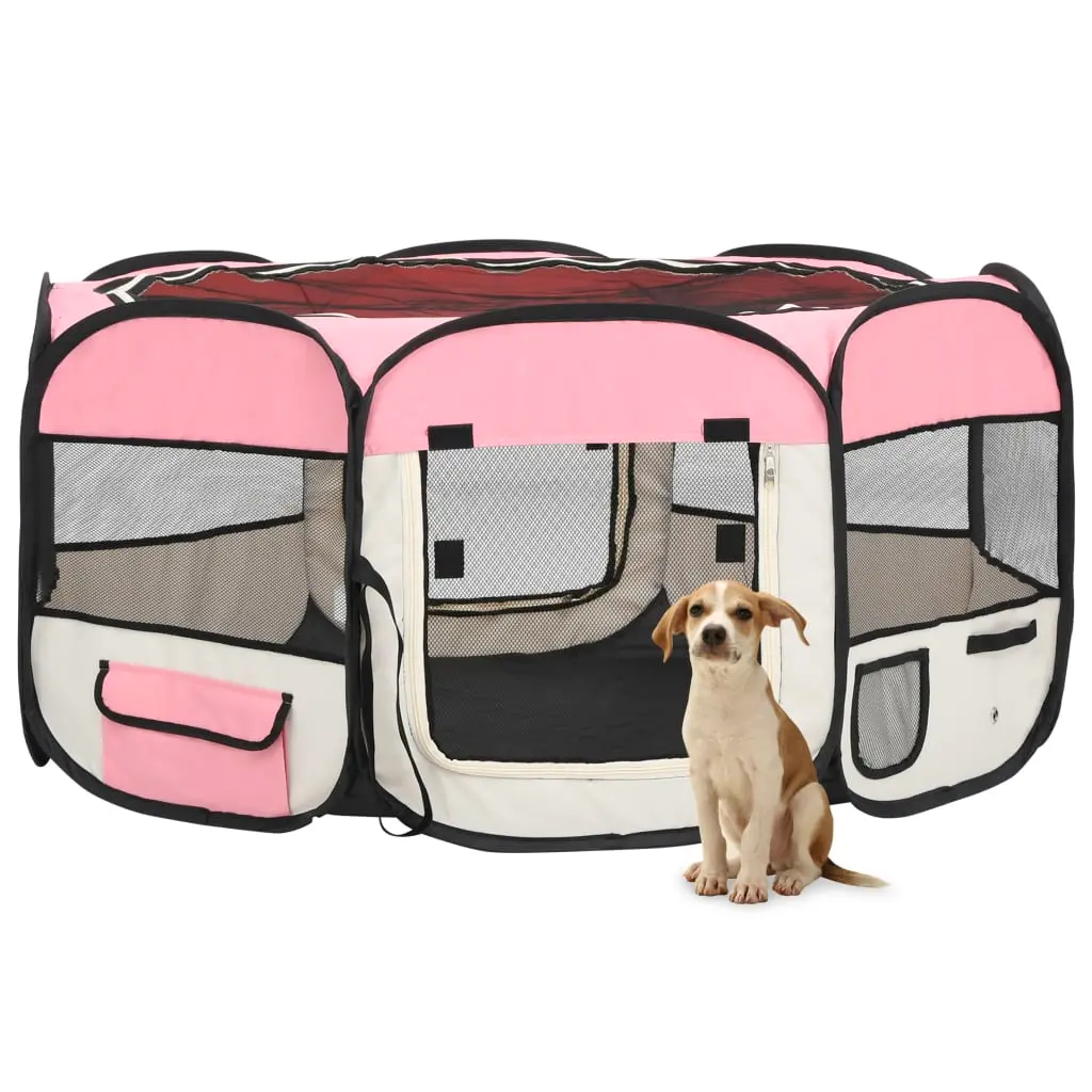 vidaXL Pink Foldable Dog Playpen with Carrying Bag - 57.1" x 57.1" x 24"