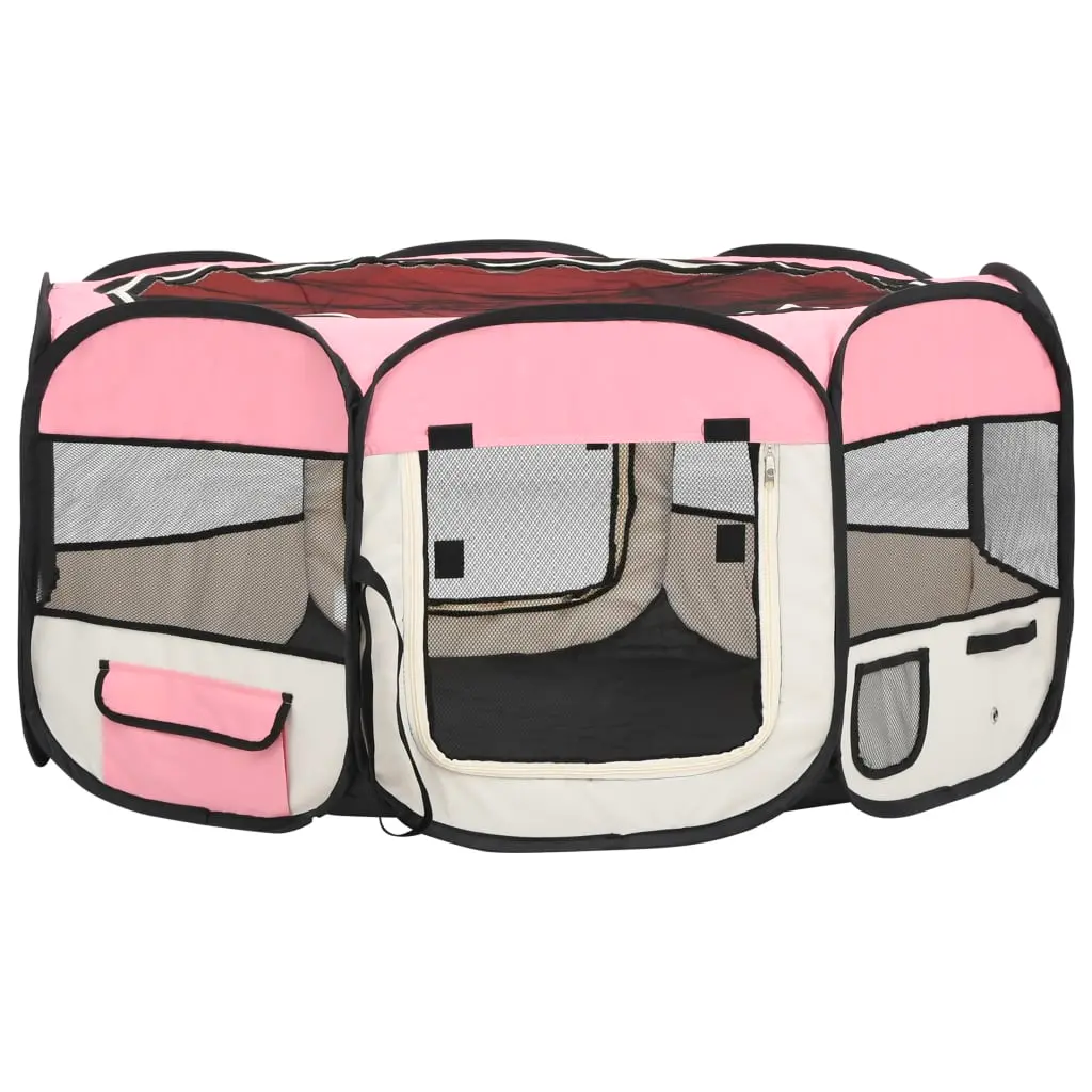 vidaXL Pink Foldable Dog Playpen with Carrying Bag - 57.1" x 57.1" x 24" - Image 2