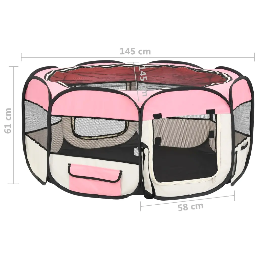 vidaXL Pink Foldable Dog Playpen with Carrying Bag - 57.1" x 57.1" x 24" - Image 11