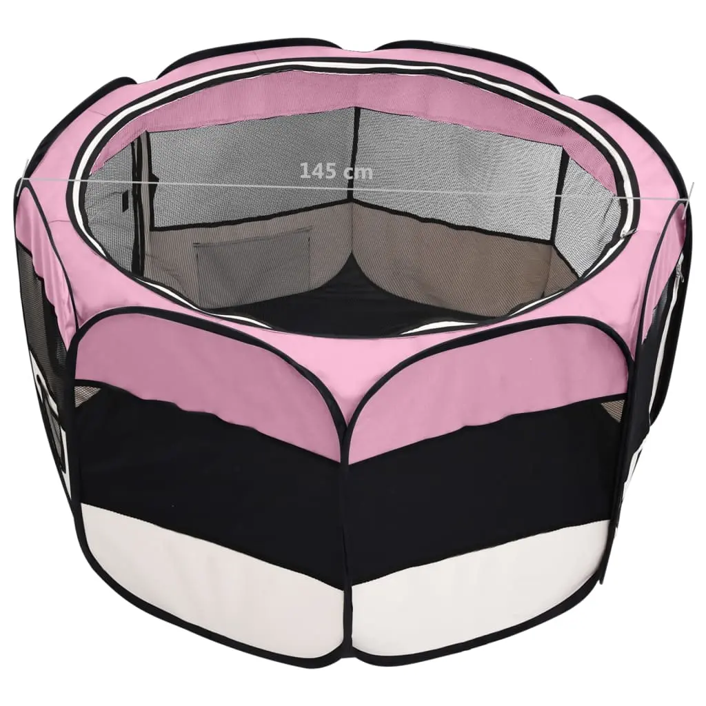 vidaXL Pink Foldable Dog Playpen with Carrying Bag - 57.1" x 57.1" x 24" - Image 12